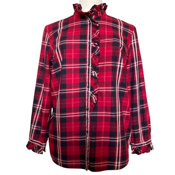 Chaps Women's Red Black Plaid Button-Down Ruffle Long Sleeve Shirt - Picture 1 of 16